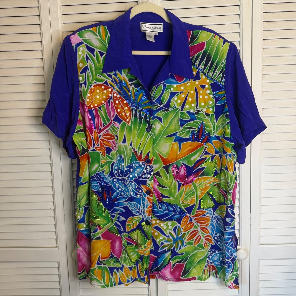 Diane Gilman Silk Tropical Floral Sequin Button Up Shirt Womens 2X Blue Multi
